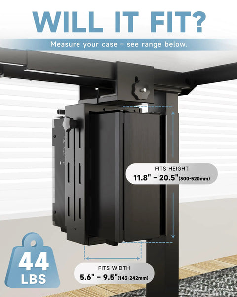 Heavy Duty Under Desk PC Mount Featuring Zero Drill Hassle For Adjustable Standing Workstations fits mid tower cases 11.8" to 20.5" high.