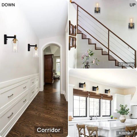 Two Pack Black and Gold Wall Sconces With Glass Shade Modern Rustic Brass Bathroom Wall Lighting in corridor, stairway, and kitchen