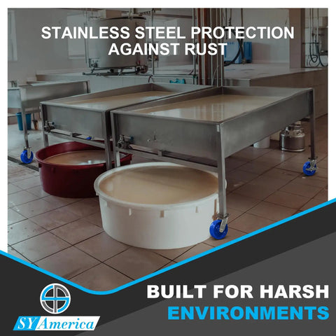 Built To Last 5X2 In Stainless Steel Casters With Polyurethane Wheels Roll Easy Under Heavy Loads Include Two Swivel Locks And Two Rigid Base Plates For Warehouse Machinery And Washdown Stations No Sweat Daily Usage in kitchen environment with equipment.