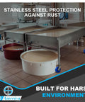 Heavy Duty Swivel Casters With Solid Polyurethane Wheels Stainless Steel Industrial Set Of Four 3000 Pound Capacity Workhorse Built Legit For Washdown and Commercial Kitchen Gear on stainless steel tables.