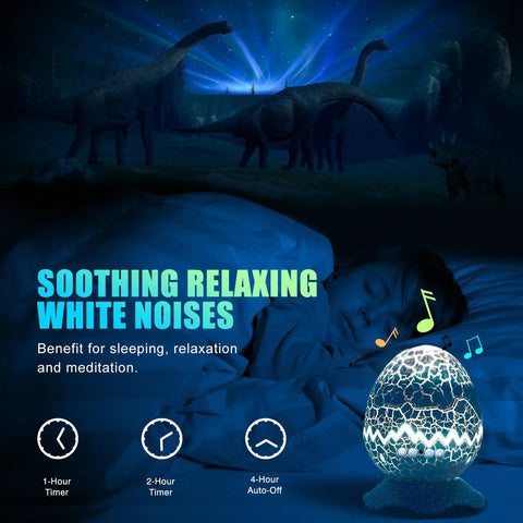 Child sleeping with 3 In 1 Aurora Night Light Projector With 33 Light Effects Bluetooth Speaker White Noise And Remote Control Dinosaur Egg Theme For Kids Bedroom Decor Party Gift Lit, dinosaur projections on wall.