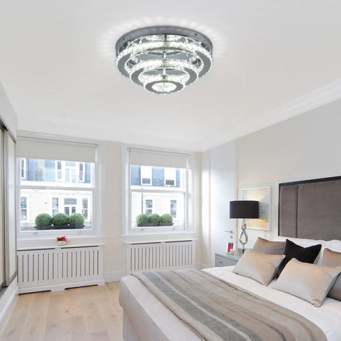 3 Tier Crystal Chandelier LED Flush Mount Ceiling Light 13.8 Inch Round Fixture in modern bedroom setting