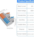Three Pack Lever Wire Connectors With Quick Wire Release For No Fuss Fast, Easy Snap On Splicing 2 In 10 Out showing dimensions and specs