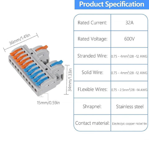 Three Pack Lever Wire Connectors With Quick Wire Release For No Fuss Fast, Easy Snap On Splicing 2 In 10 Out showing dimensions and specs