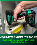Hand using Metabo HPT drill with Lightweight 18V 4.0Ah Lithium Battery With Fuel Indicator And 1.3 Lbs Weight For All 18V Tools.