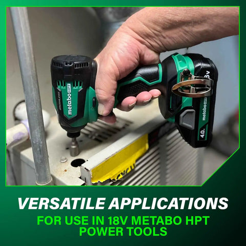 Hand using Metabo HPT drill with Lightweight 18V 4.0Ah Lithium Battery With Fuel Indicator And 1.3 Lbs Weight For All 18V Tools.