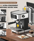 Compact Stainless Steel Espresso Machine With 20 Bar Pump And Built In Milk Frother For Creating Legit Barista Quality Lattes And Cappuccinos Right In Your Kitchen Using A Sleek Touch Display Black Edition showing 61oz removable water tank and stainless steel details.