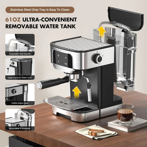 Compact Stainless Steel Espresso Machine With 20 Bar Pump And Built In Milk Frother For Creating Legit Barista Quality Lattes And Cappuccinos Right In Your Kitchen Using A Sleek Touch Display Black Edition showing 61oz removable water tank and stainless steel details.