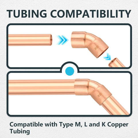 Copper Sweat 45 Degree Elbow Fittings One and a Half Inch C to C, 20-Pack, shown with tubing compatibility diagram