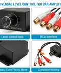 Universal RCA Level Controller With Audio Bass And Volume Control Knob, featuring RCA interface and heavy duty plastic base.