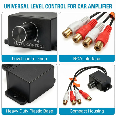 Universal RCA Level Controller With Audio Bass And Volume Control Knob, featuring RCA interface and heavy duty plastic base.