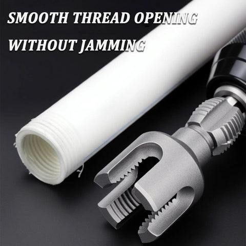 Heavy Duty 4 In 1 Water Pipe Wrench With Integrated Threader For PVC alongside smooth-threaded PVC pipe.