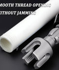 4 In 1 Water Pipe Threader Wrench For 1/2 And 3/4 Inch Pvc Pipes Tapping Tool showing smooth threading adapter and PVC pipe.