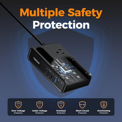 200W Car Power Inverter Featuring Rapid USB C Fast Charging And Dual AC Outlets with multiple safety protections.
