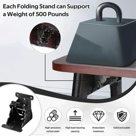 Heavy Hitter Folding Table Leg Brackets Four Pack Zero To Ninety Degree Self Locking Hinges in use, supporting 500 pounds per bracket.