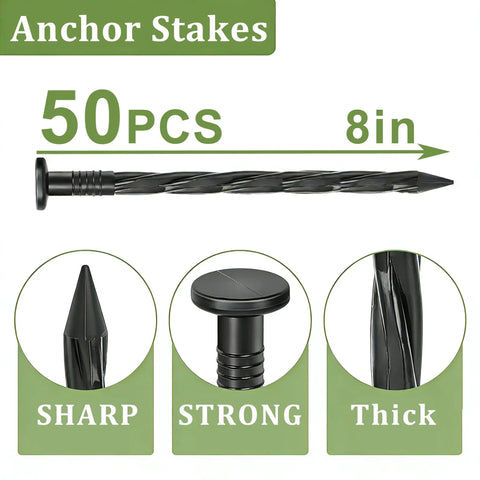 Close-up of 50 anchoring spikes, 8in size, for 40 Ft Landscape Edging Border With 50 Anchoring Spikes 4 In Tall Plastic Garden Barrier