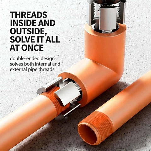 All In One PVC Pipe Threader Kit With Dual Internal And External Threading For Fast Pipe Prep Fits One Half Inch Three Quarter Inch And One Inch Pipe Sizes Heavy Duty Pipe Cutting Tool Set For Electric Drill showing dual threading design on PVC pipe