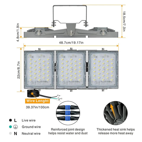 Led Outdoor Flood Light 150W 13500Lm, IP66 waterproof, 330-degree coverage, adjustable heads with wire length details.