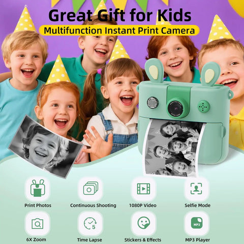 Kids Instant Print Camera 1080P HD With Three Print Rolls And 32GB Card Portable Travel Toy For Ages 3 To 16 Built In Modes For Black And White And Color Prints Totally Fun Christmas And Birthday Gift, mint bunny design with printed photo