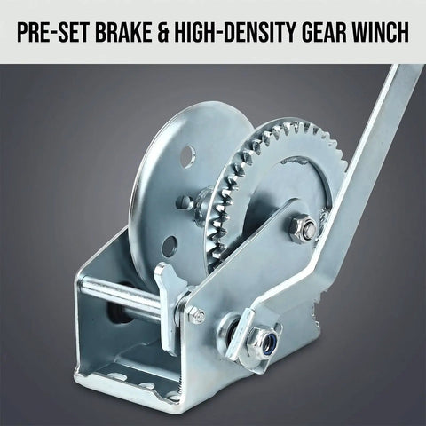 Close-up of Beefy Carbon Steel Manual Hand Winch Built Tough With Dual Way Auto Brake For Secure 1000 to 1200 Lbs Load Capacity