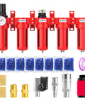 Beefed Up Industrial Grade 5 Stage Air Drying System With 0-150 PSI Regulation, 1/2 Inch NPT Red, filters and accessories displayed