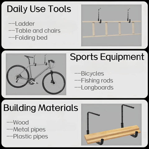 Overhead Garage Storage Rack Set Ceiling Mounted Hooks And Ladder Hangers For Ladders Lumber Tools Bikes Hoses And More Must Have Six Pack Durable Organization Solution For A Clutter Free Garage showing daily use tools and sports equipment storage