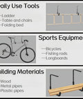4 Pack Ceiling Mounted Garage Hooks For Overhead Storage Utility Ladder Hangers displaying ladder, bike, and wood storage options