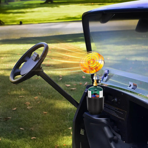 Portable Propane Heater For Outdoor Use With Foldable Base And Cart Cup Holder 2 In 1 Patio Heater in a golf cart