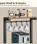 Rustic Brown Five Tier Bakers Rack With Storage And Pod Drawer Holder Dope Coffee Bar Station upper shelf with coffee mugs