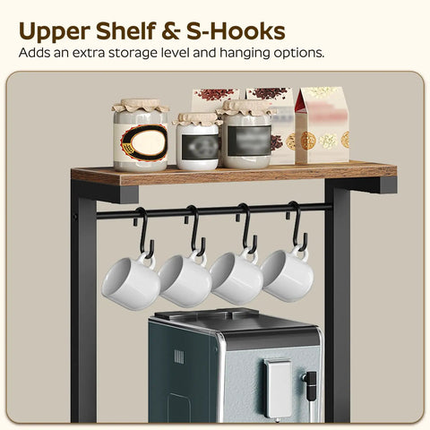 Rustic Brown Five Tier Bakers Rack With Storage And Pod Drawer Holder Dope Coffee Bar Station upper shelf with coffee mugs