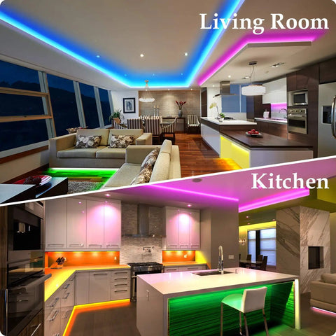 82Ft LED Strip Lights With Dope Music Sync RGB Color Changing Built In Mic Bluetooth App Control And Remote Sound Reactive Mood Lighting For Living Room And Kitchen showcasing colorful illumination in modern living room and kitchen.