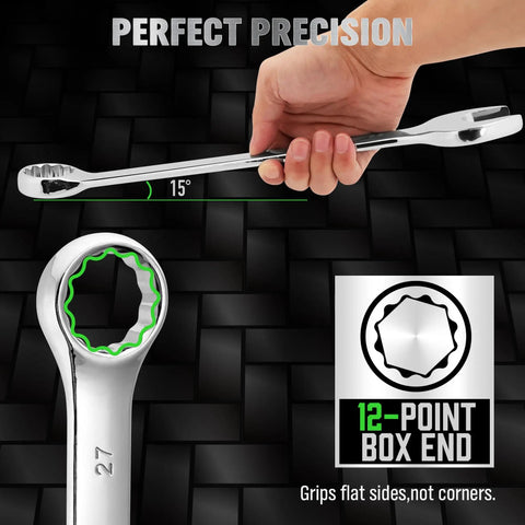 All Purpose Wrench Set With Rolling Pouch Metric And Standard Sizes 23mm 24mm 26mm 27mm 30mm 32mm Heat Treated CR-V Steel 12 Point Box End Wrenches Long Master Mechanic Pro Grade Tool Set For Garage And Home Use with 27mm wrench shown in hand, 15-degree angle, 12-point box end.