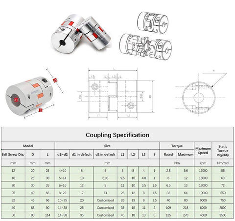 Detailed coupling specifications and diagrams for 16mm Ball Screw SFS1610 High Speed Anti Backlash Linear Motion with coupler.
