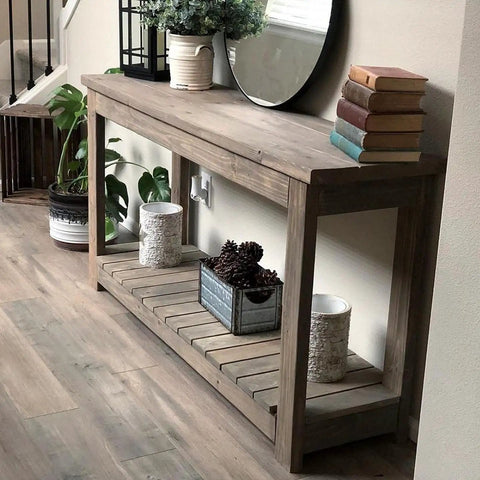 Legit Rusted Aging Wood Stain Delivers Hella Authentic Weathered Brown And Gray Patina For Floors Cabinets Millwork Doors And Furniture With Voc Free Low Odor applied on rustic console table.