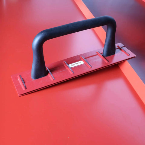 16 Inch Drip Edge Folding Tool on red metal surface, showing long handle and rib-reinforced steel construction, for 1 and 1.5 inch folds