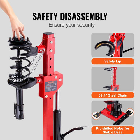 Hydraulic Coil Spring Compressor Tool For Cars And SUVs, 4.5 Ton Jack Capacity shown with safety lip and steel chain features.