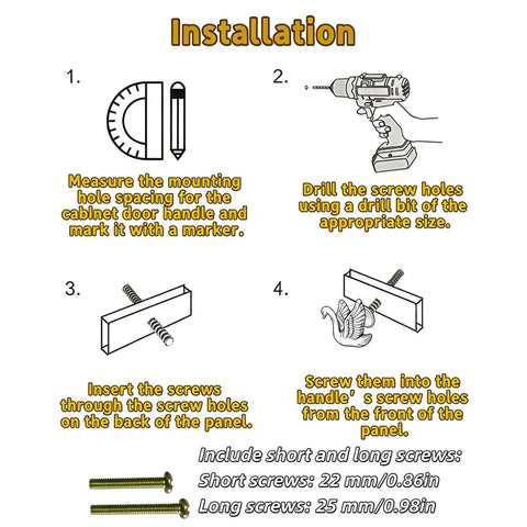 Installation guide for Stunning 4 Pack Swan Cabinet Knobs, showing hole measurement and screw fitting steps.