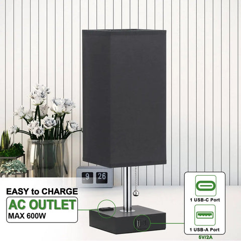 Bedside Lamp With USB C And USB A Ports And AC Outlet Compact Nightstand Table Lamp For Bedroom Or Desk Black Finish Charge Three Devices At Once Everyday Use For Any Nightstand Or Desk Setup