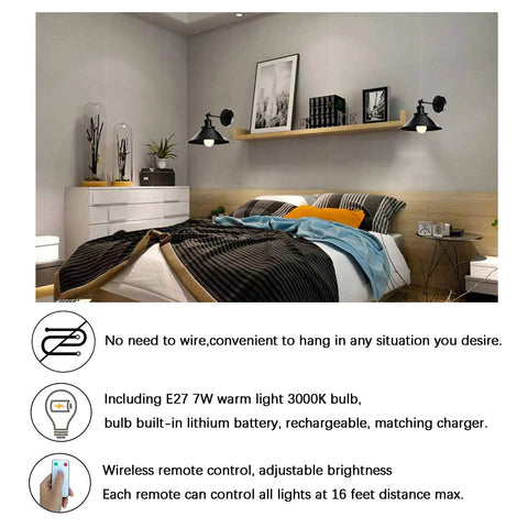 Modern bedroom with Two Pack Black Swing Arm Wall Sconces With Remote Control Cordless Battery Powered LED Wall Lamps