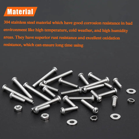 Hella Durable 304 Stainless Steel M2 Screw Set With 420 Pieces Assorted Hex Button Head Cap Bolts Nuts And Washers From 6mm To 20mm laid out on black background.