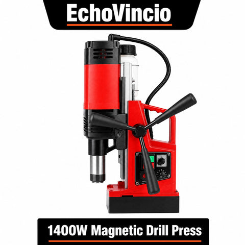 Heavy Duty Portable Magnetic Drill Press Built Tough For Daily Grind 1400 Watt Motor with side view and adjustable handle.
