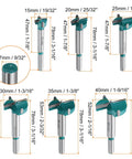 Pro Level Six Piece Forstner Drill Bit Set Equipped With Sharp Carbide Tips For Dead Center Woodcuts On Any Project Includes Six Standard Round Shank Measurements From Fifteen To Forty Millimeters, showing size details and measurements.