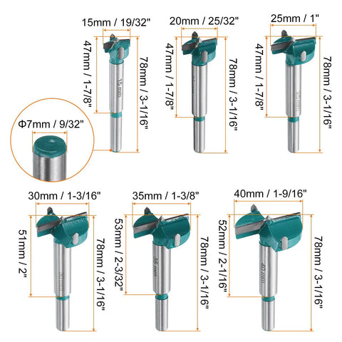 Pro Level Six Piece Forstner Drill Bit Set Equipped With Sharp Carbide Tips For Dead Center Woodcuts On Any Project Includes Six Standard Round Shank Measurements From Fifteen To Forty Millimeters, showing size details and measurements.