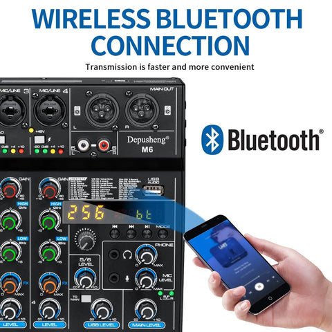 6 Channel DJ Mixer Portable Bluetooth MP3 Studio Console With 256 Digital Effects Dope DSP Engine 48V Phantom Power USB Interface, wireless Bluetooth connection