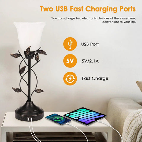 Set Of 2 Vintage Leaf Torchiere Table Lamps With Glass Shade, 3 Way Dimmable Touch Lamps, Dual USB Ports, Modern Bedroom Nightstand And Living Room Lighting, White Jade Glass Shade