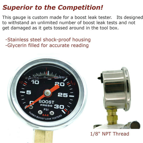 Front view of Turbo Boost Leak Tester: two-piece aluminum gauge set, 0–30 PSI with 1/8 in NPT fitting.