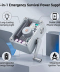 Hand Crank Generator 5-In-1 Survival Tool with USB, light, and ignition, shown with focus on crank and power indicators.