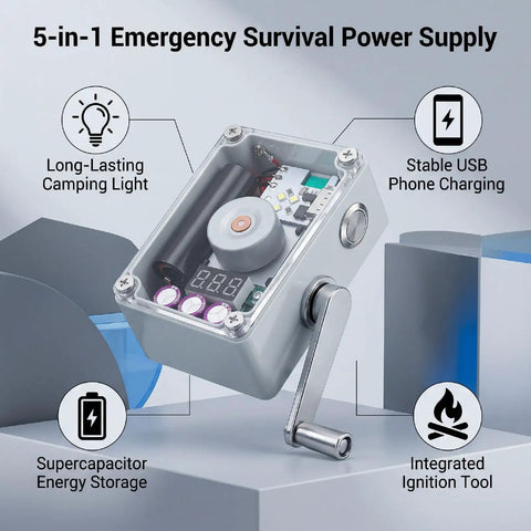 Hand Crank Generator 5-In-1 Survival Tool with USB, light, and ignition, shown with focus on crank and power indicators.