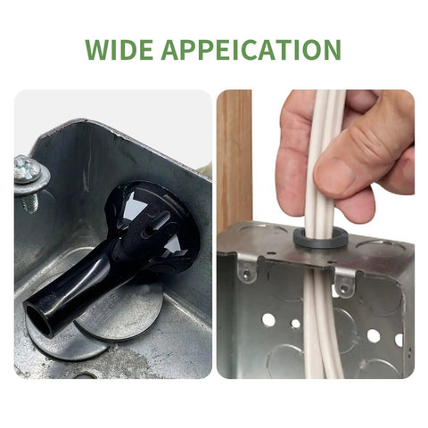 Kickass 3/8 Inch Electrical Box Knockout Plugs With Snap Bushing For Wire Protection Non Metallic, shown in use with conduit.