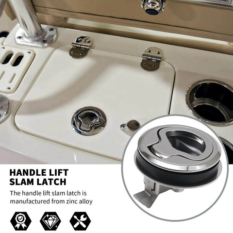 4 Pack 1.5 Inch Handle Lift Slam Latch And Flush Pull Latch With Keyless Locking For Marine Hatches, zinc alloy construction shown on hatch